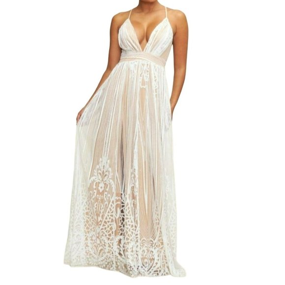 Luxxel Dresses & Skirts - Luxxel Max it Out Sequin V-neck Maxi Gown White Size Large NWT